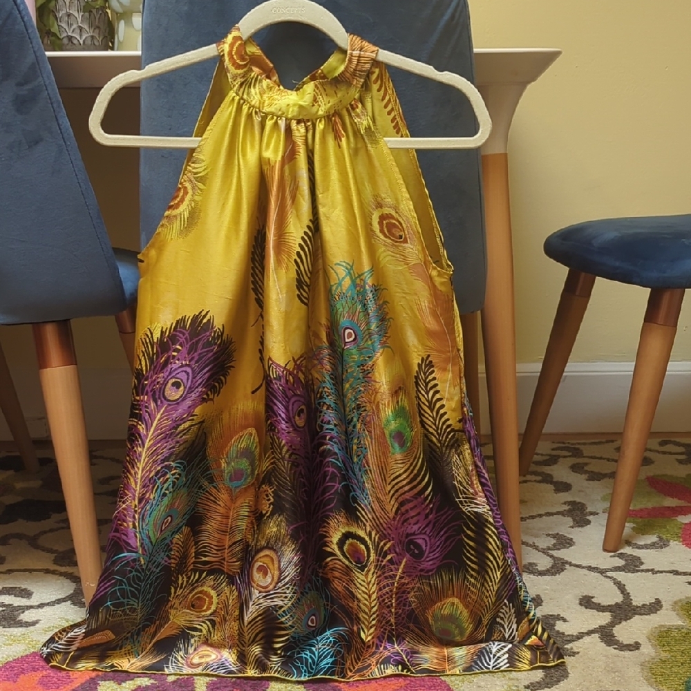 Peacock Feather Print Mini Dress - Gold and Purple